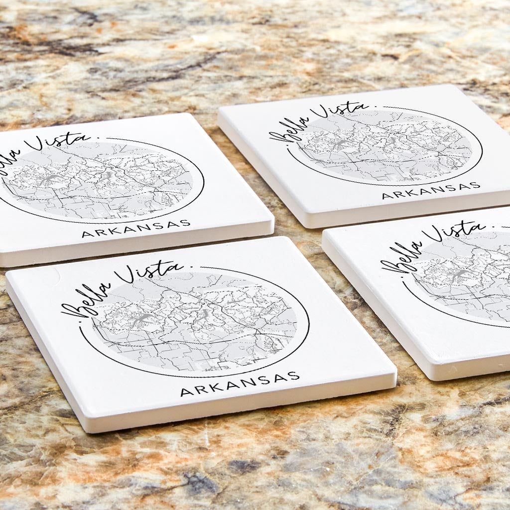 Minimalist B&W Arkansas Bella Vista Circle Map State | Absorbent Coasters | Set of 4 | Min 2