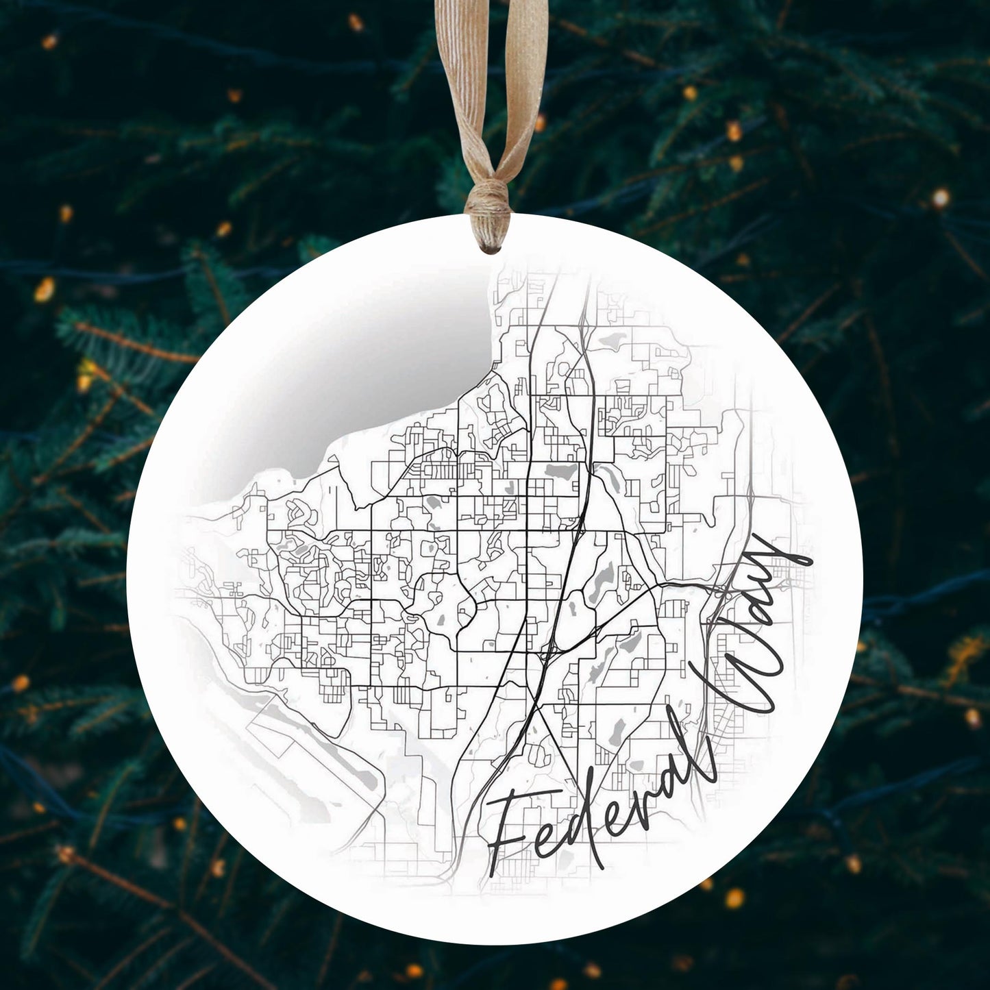 Minimalistic B&W Washington Federal Way Circle Map | Wood Ornament | Eaches | Min 1