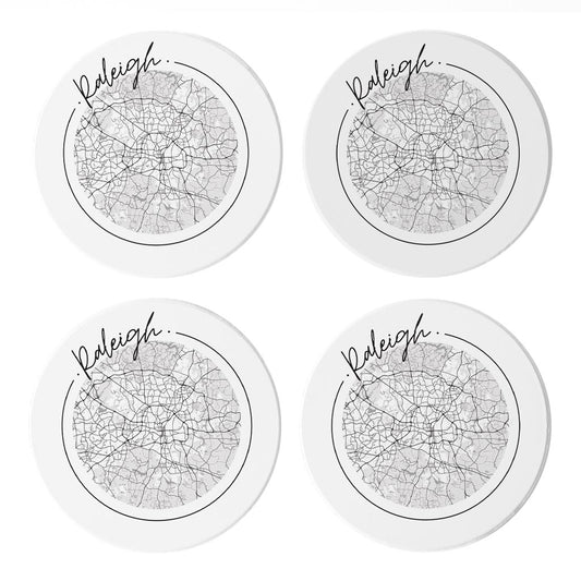 Minimalistic B&W North Carolina Raleigh Circle Map | Absorbent Coasters | Set of 4 | Min 2