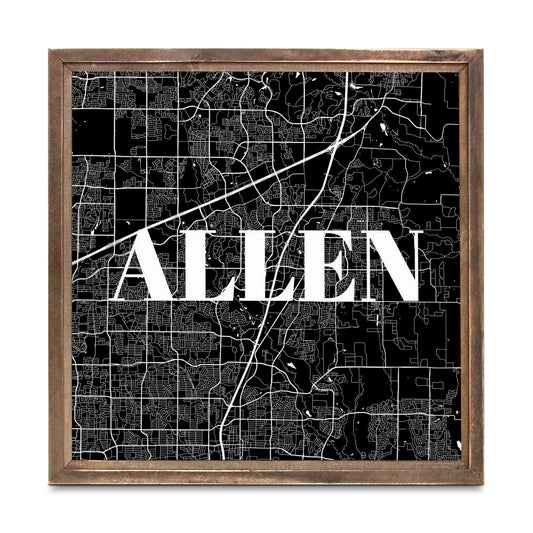 Minimalistic B&W Texas Allen Map | Wood Sign | Eaches | Min 1