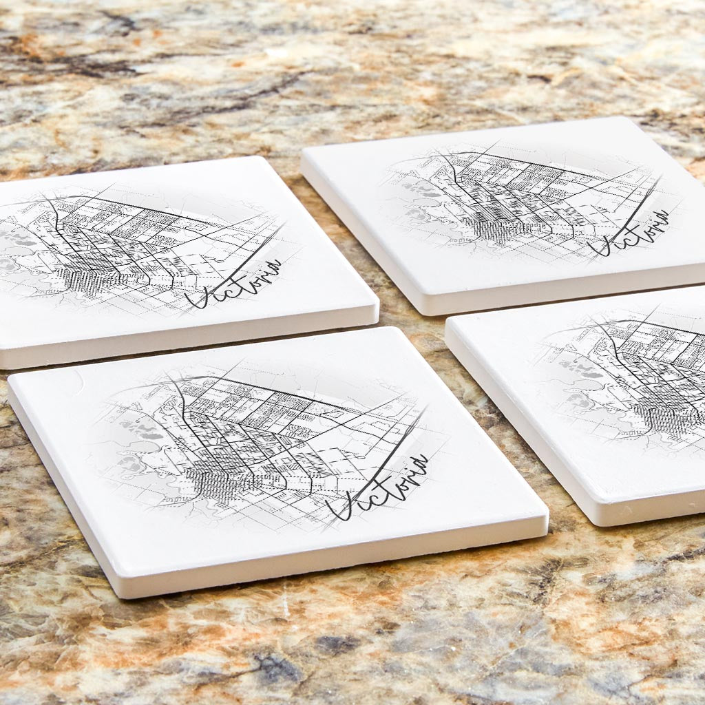 Minimalistic B&W Texas Victoria Circle Map | Absorbent Coasters | Set of 4 | Min 2