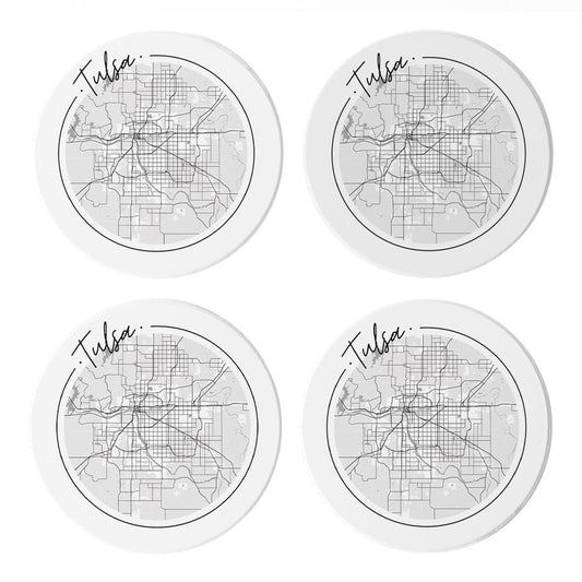 Modern Oklahoma Tulsa Circle Map | Absorbent Coasters | Set of 4 | Min 2