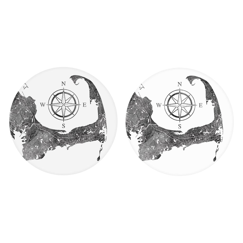 Minimalistic B&W Cape Cod Map With Compass| Absorbent Car Coasters | Set of 2 | Min 4