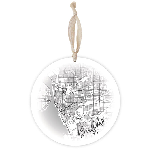 Minimalistic B&W New York Buffalo Faded Circle Map | Wood Ornament | Eaches | Min 1