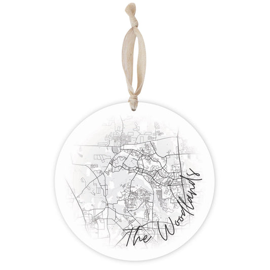 Minimalistic B&W Texas The Woodlands Circle Map | Wood Ornament | Eaches | Min 1