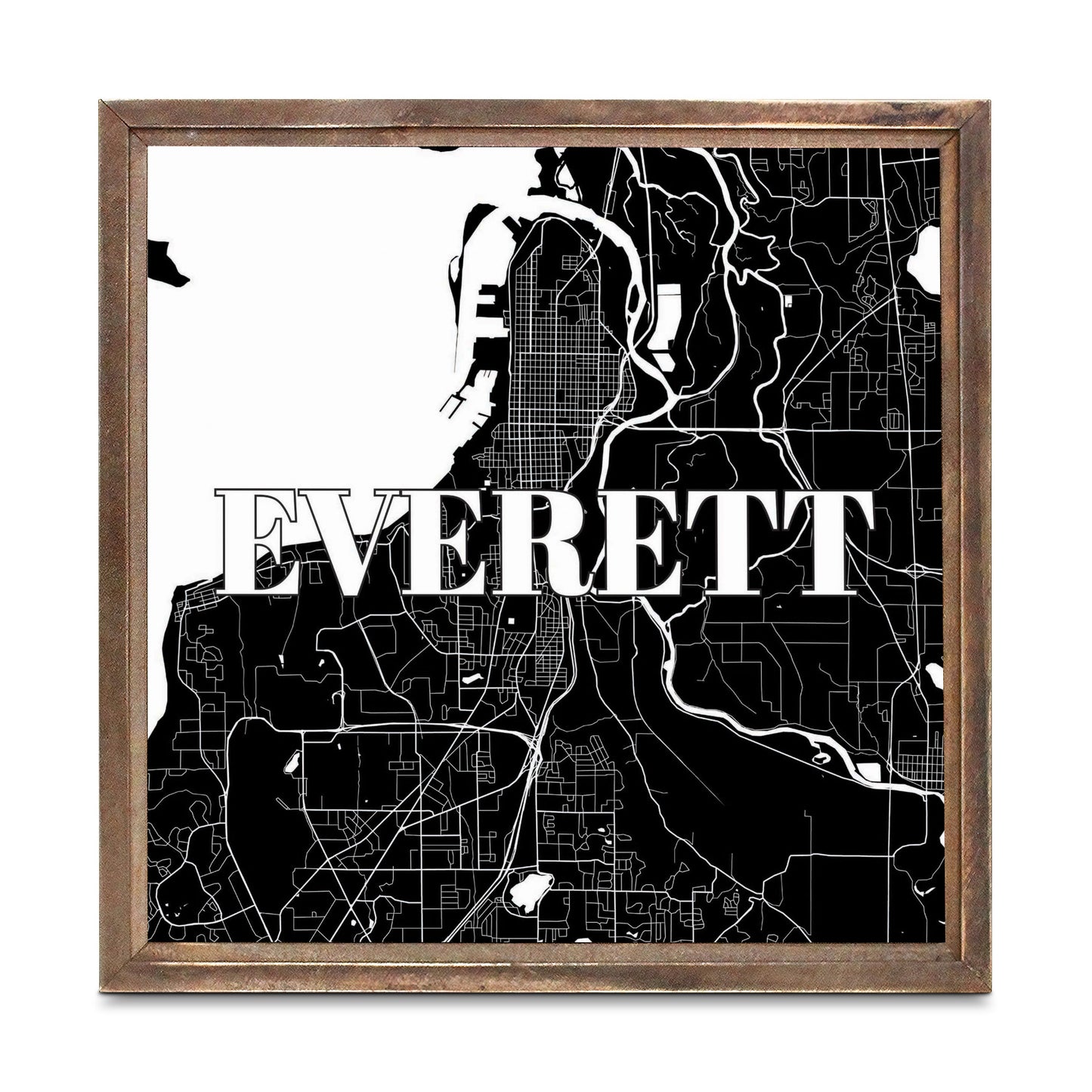 Minimalistic B&W Washington Everett Map | Wood Sign | Eaches | Min 1