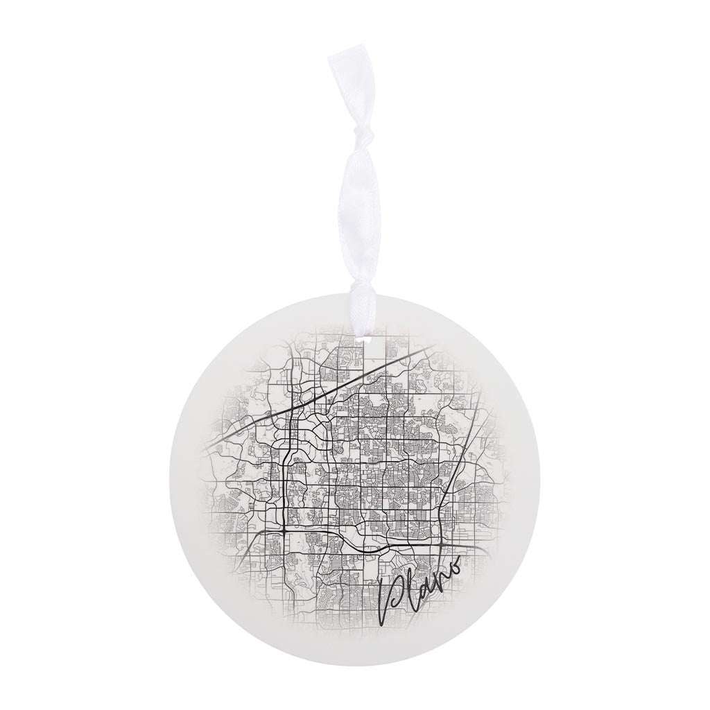 Minimalistic B&W Texas Plano Circle Map | Wood Ornament | Eaches | Min 6