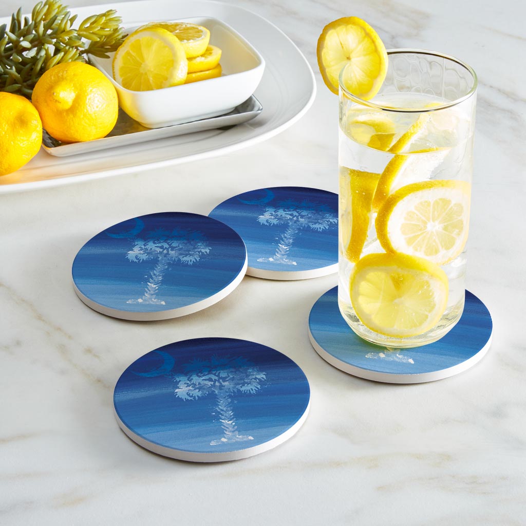 South Carolina Blue Water Color Palm Trees | Absorbent Coasters | Set of 4 | Min 2