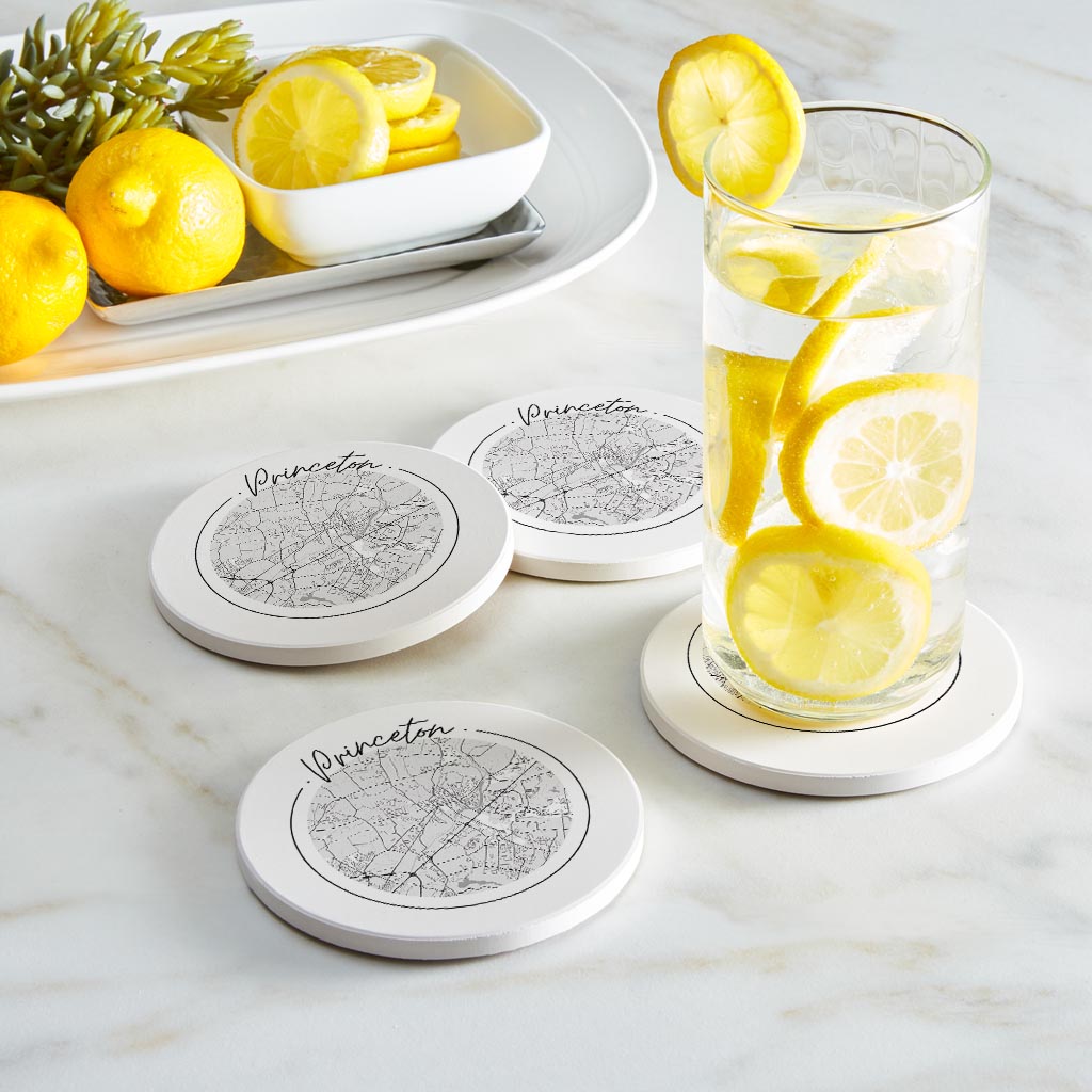 Minimalistic B&W New Jersey Princeton Circle Map | Absorbent Coasters | Set of 4 | Min 2