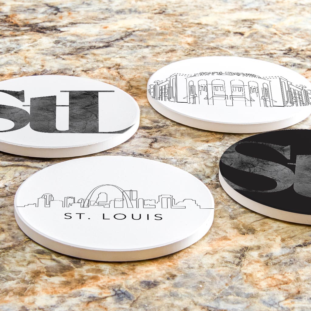 Minimalist B&W Missouri St Louis Line Drawings Stl | Absorbent Coasters | Set of 4 | Min 2