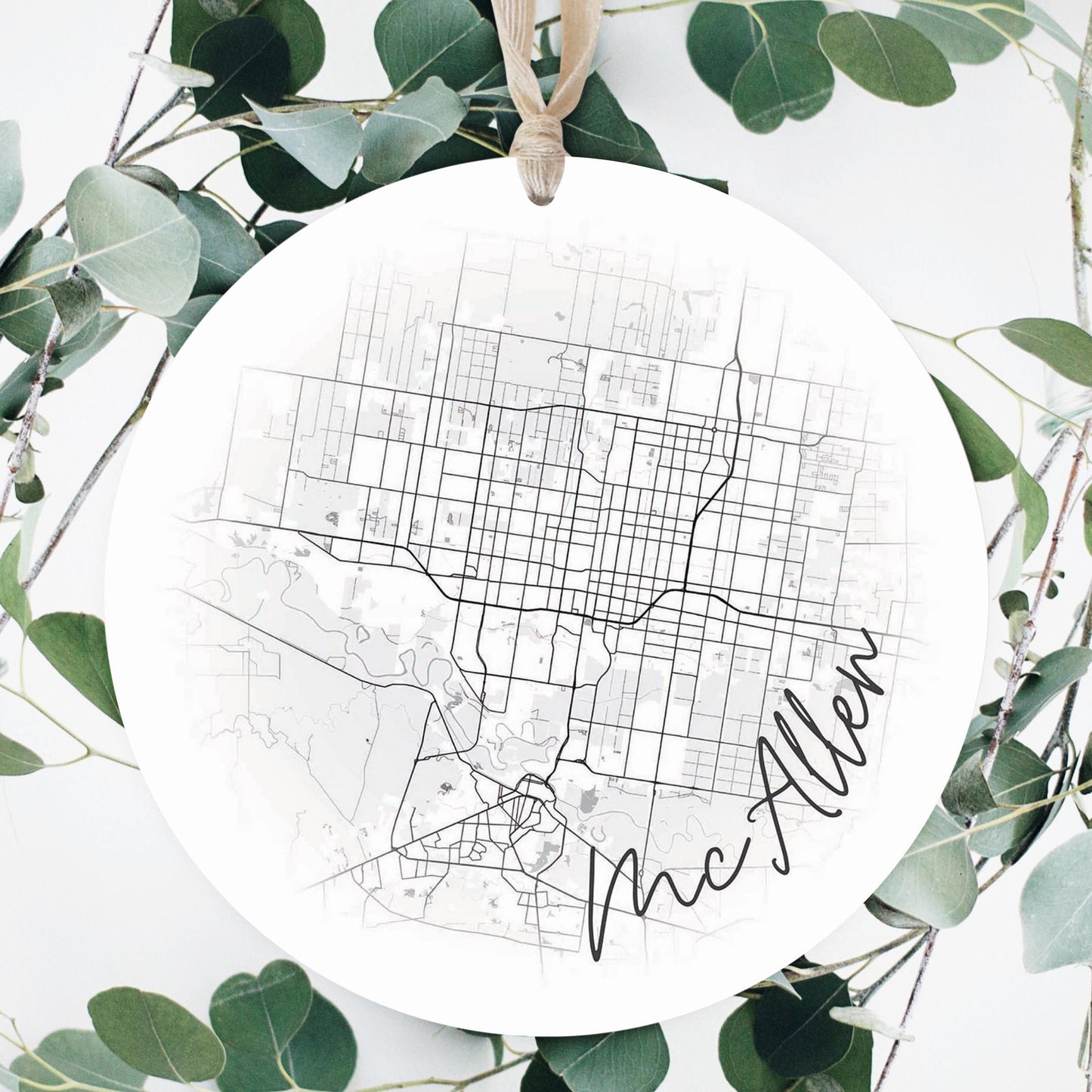 Minimalistic B&W Texas Mcallen Circle Map | Wood Ornament | Eaches | Min 1