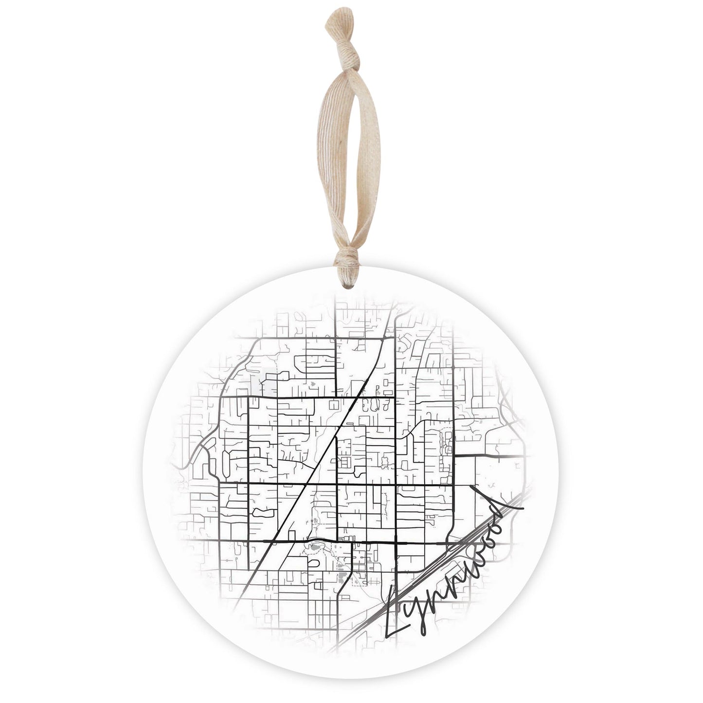 Minimalistic B&W Washington Lynnwood Circle Map | Wood Ornament | Eaches | Min 1