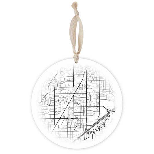 Minimalistic B&W Washington Lynnwood Circle Map | Wood Ornament | Eaches | Min 1