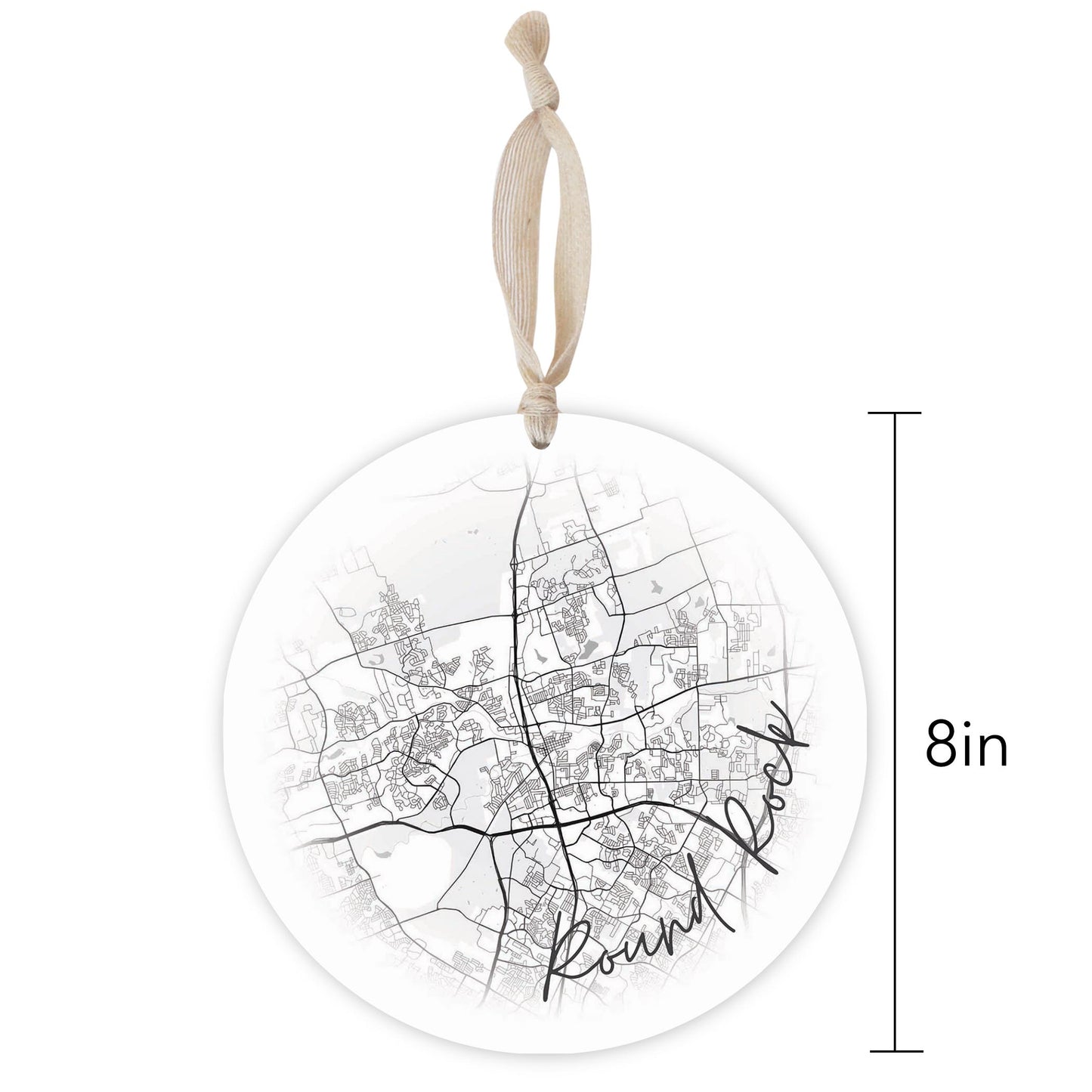 Minimalistic B&W Texas Round Rock Circle Map | Wood Ornament | Eaches | Min 1