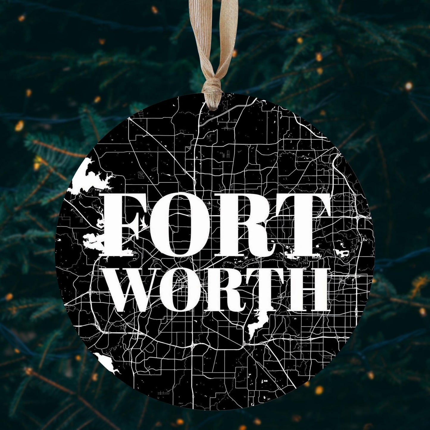 Minimalistic B&W Texas Fort Worth Map | Wood Ornament | Eaches | Min 1