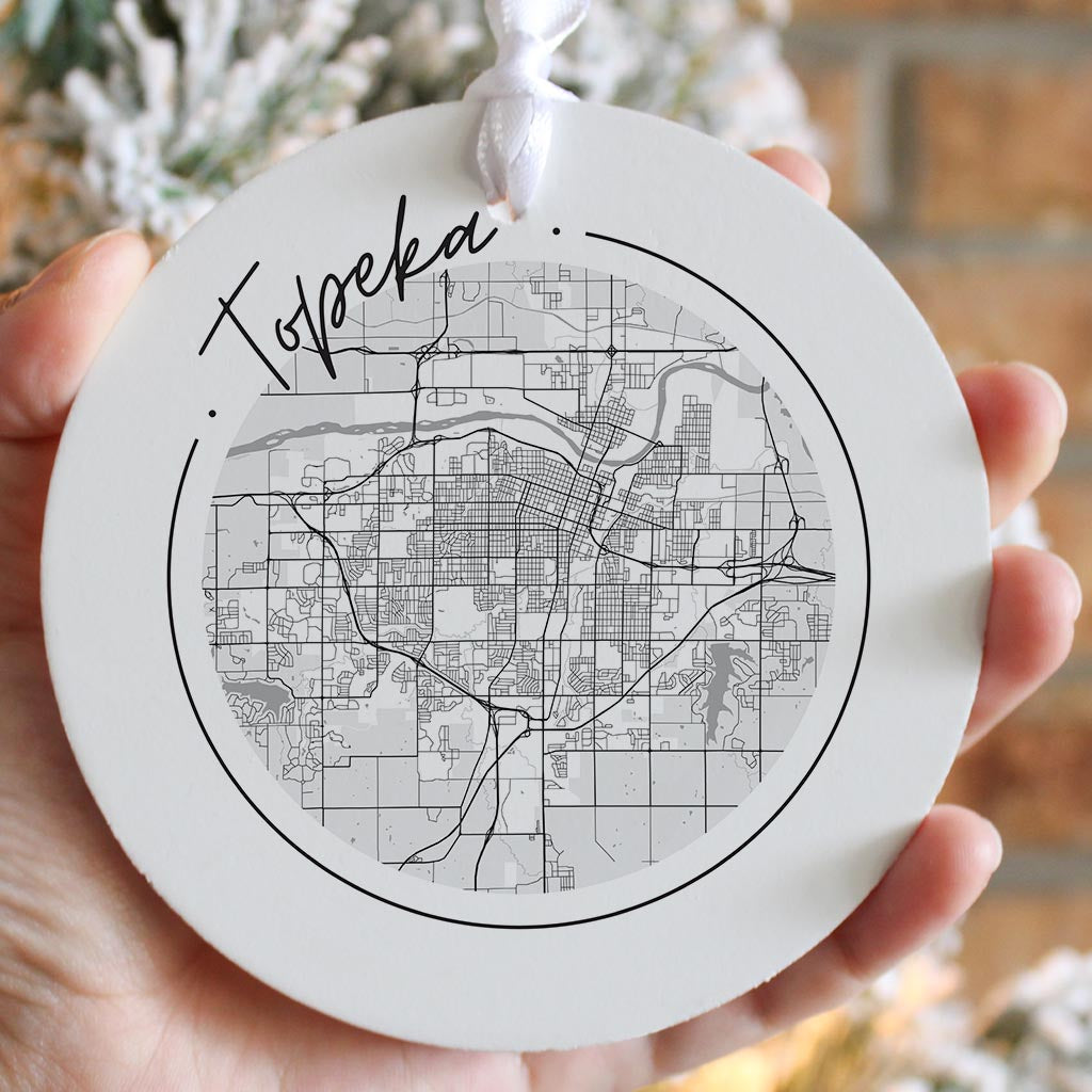 Minimalist B&W Kansas Topeka Circle Map | Wood Ornament | Eaches | Min 6