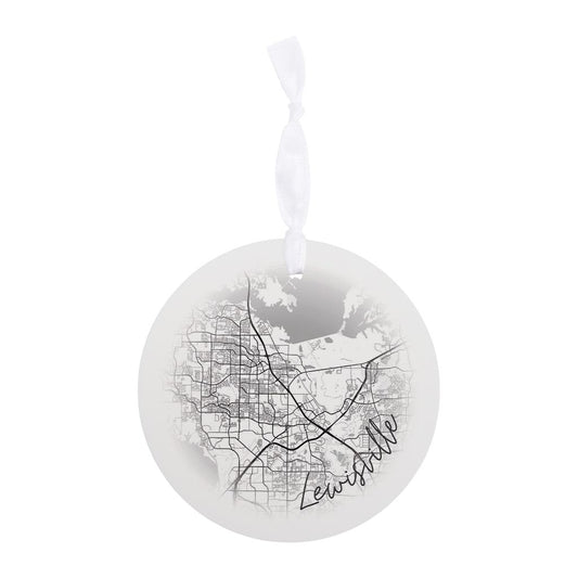 Minimalistic B&W Texas Lewisville Circle Map | Wood Ornament | Eaches | Min 6