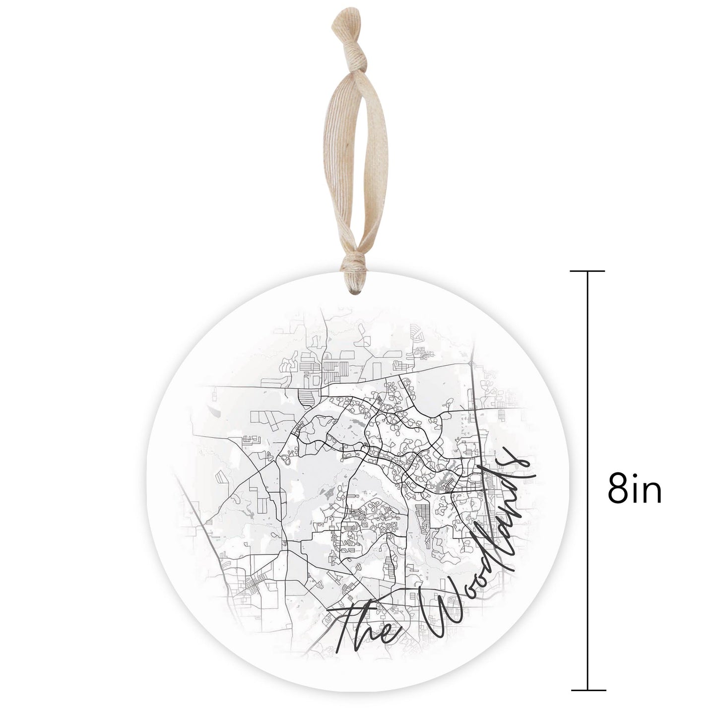 Minimalistic B&W Texas The Woodlands Circle Map | Wood Ornament | Eaches | Min 1