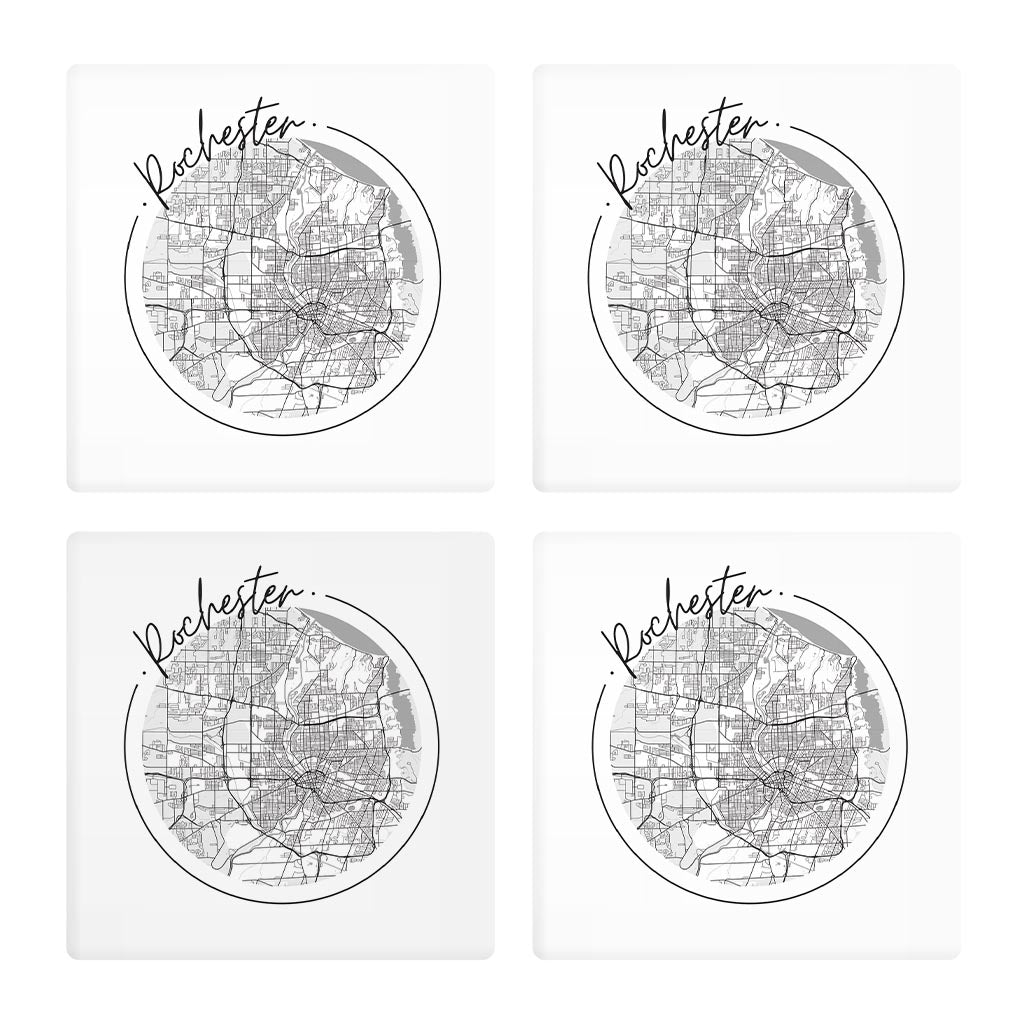 Minimalistic B&W New York Rochester Circle Map | Absorbent Coasters | Set of 4 | Min 2