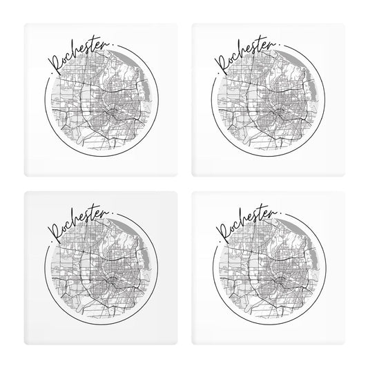 Minimalistic B&W New York Rochester Circle Map | Absorbent Coasters | Set of 4 | Min 2