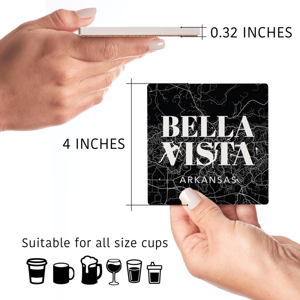 Minimalist B&W Arkansas Bella Vista Map State | Absorbent Coasters | Set of 4 | Min 2