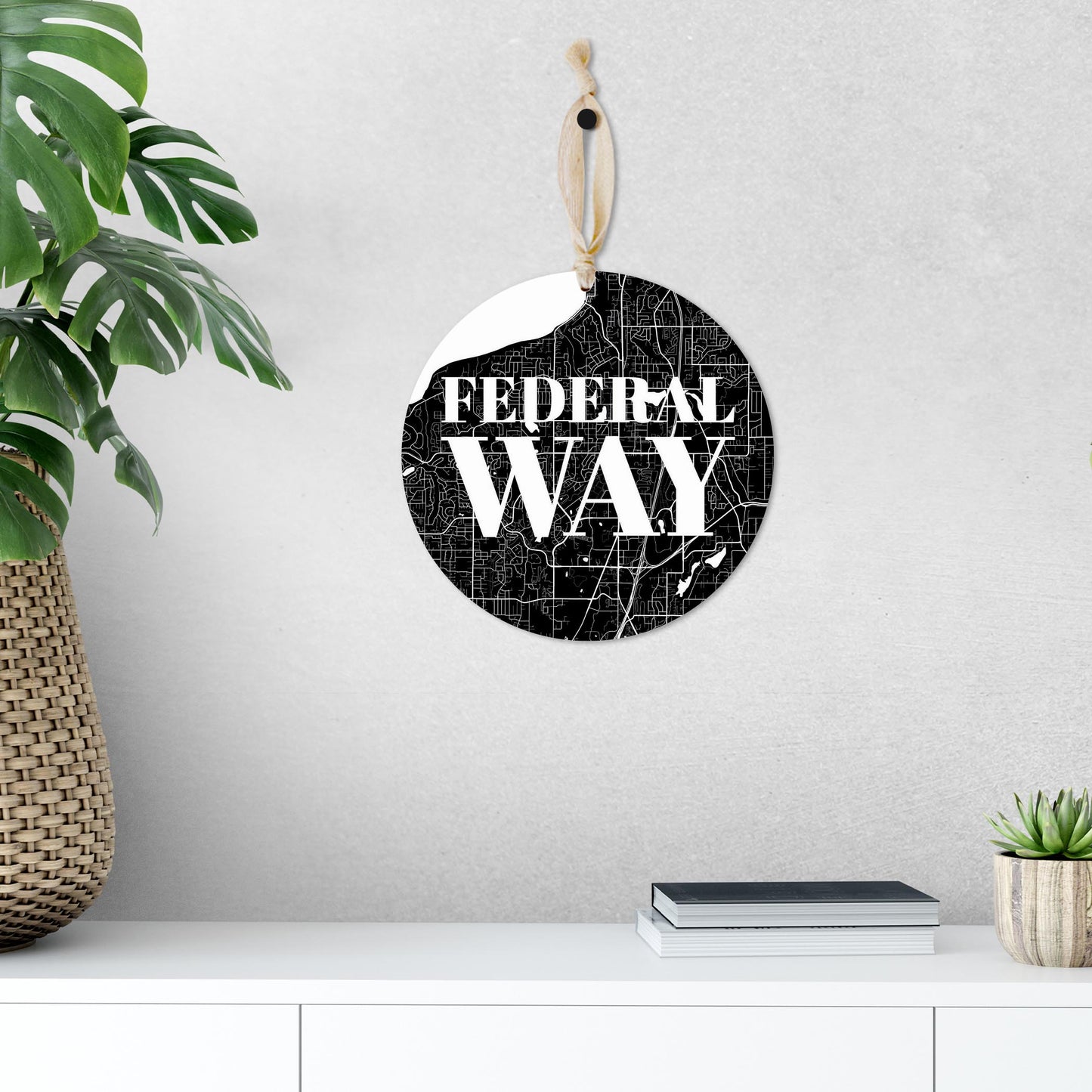 Minimalistic B&W Washington Federal Way Map | Wood Ornament | Eaches | Min 1