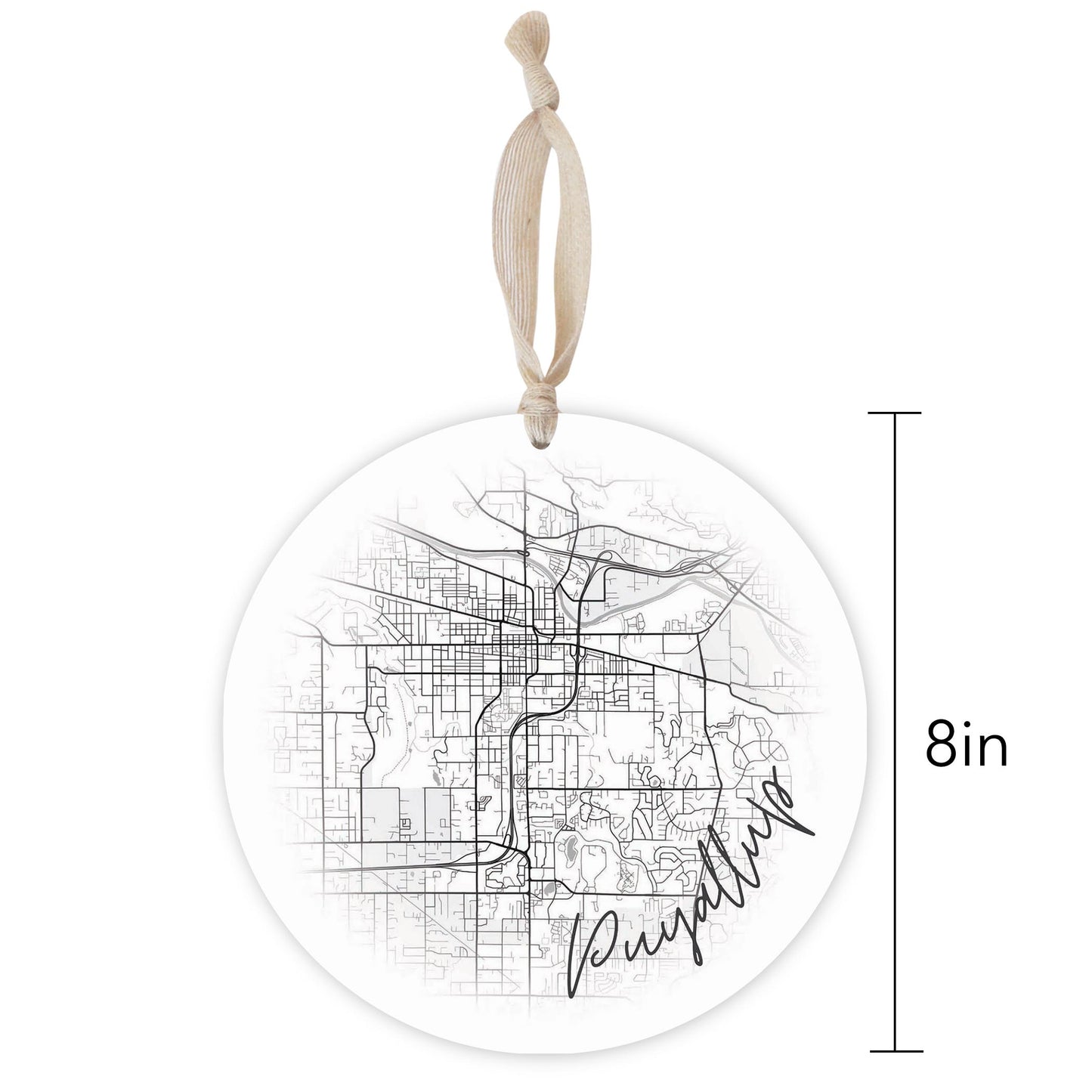 Minimalistic B&W Washington Puyallup Circle Map | Wood Ornament | Eaches | Min 1