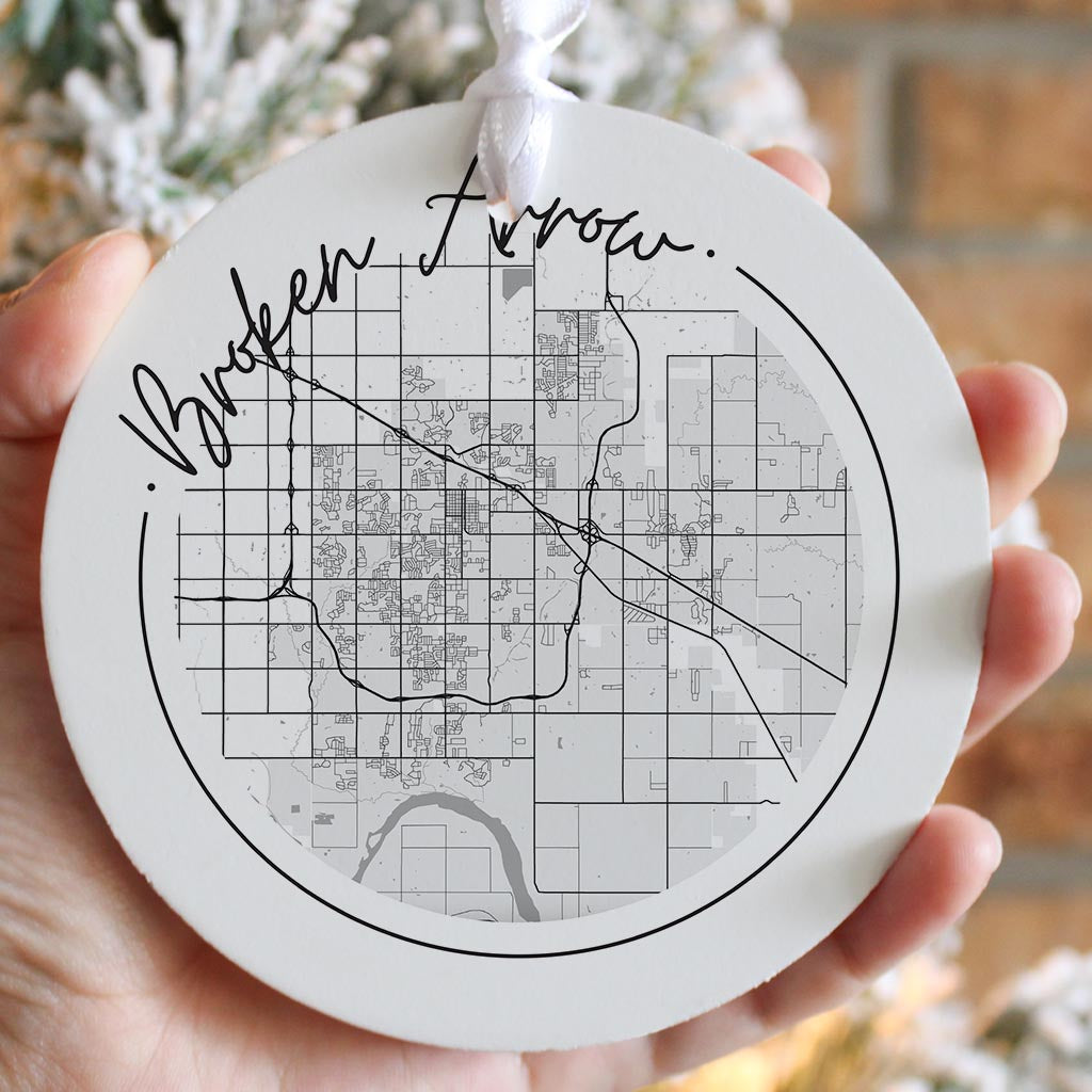 Modern Oklahoma Broken Arrow Map | Wood Ornament | Eaches | Min 6