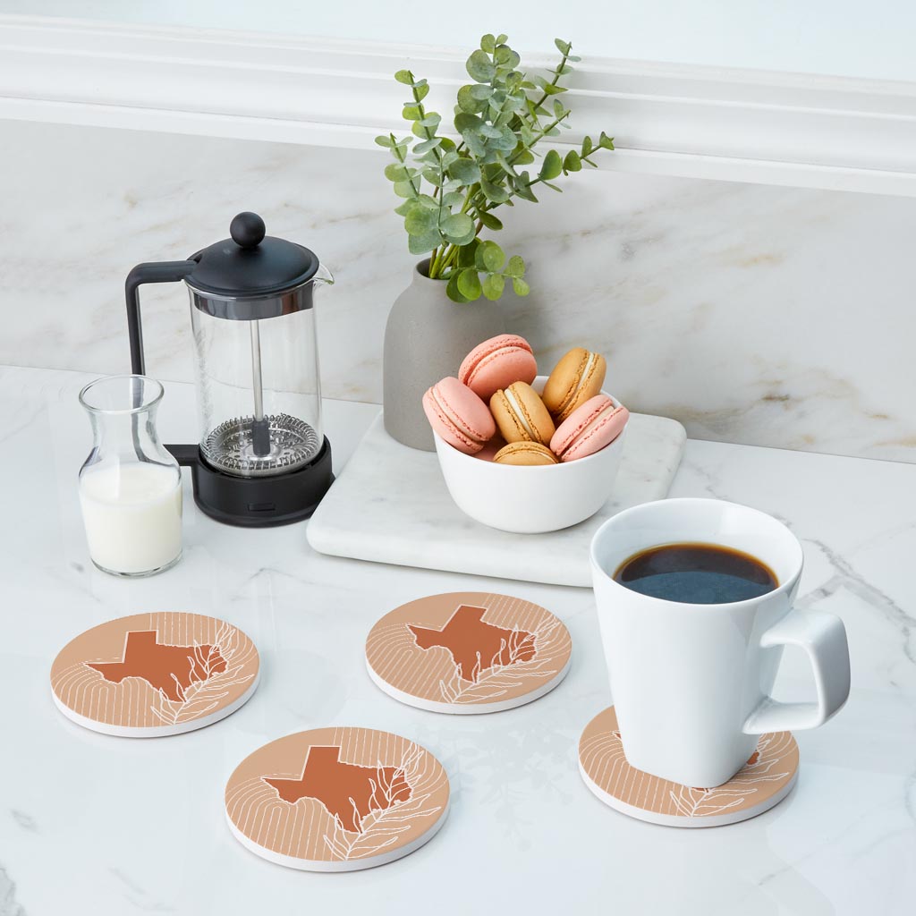 Modern Minimalist Texas State Shape With Leaf | Absorbent Coasters | Set of 4 | Min 2