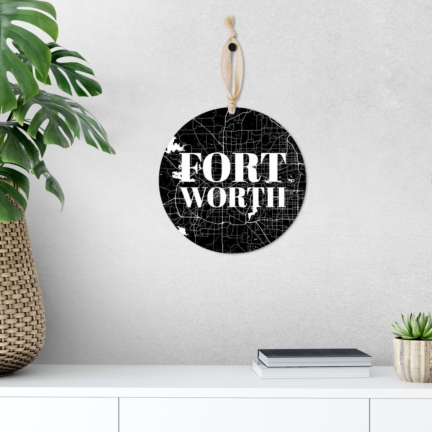 Minimalistic B&W Texas Fort Worth Map | Wood Ornament | Eaches | Min 1