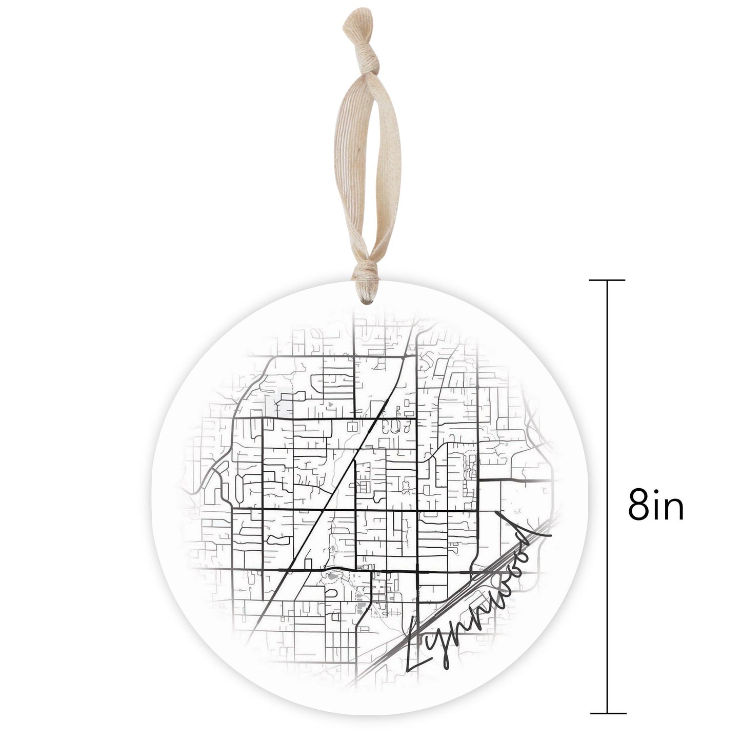 Minimalistic B&W Washington Lynnwood Circle Map | Wood Ornament | Eaches | Min 1