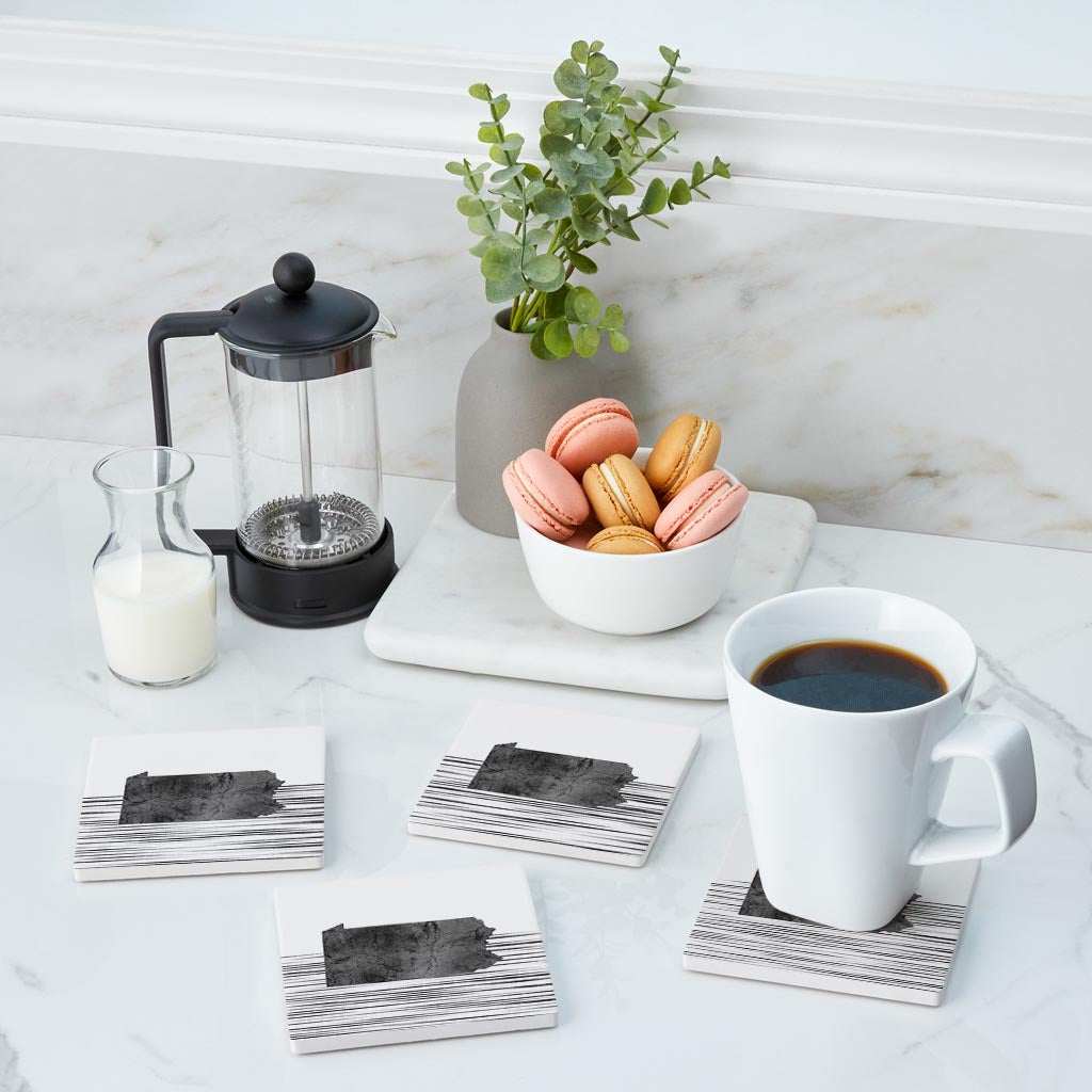 Minimalistic B&W Pennsylvania Shape Straight Lines | Absorbent Coasters | Set of 4 | Min 2