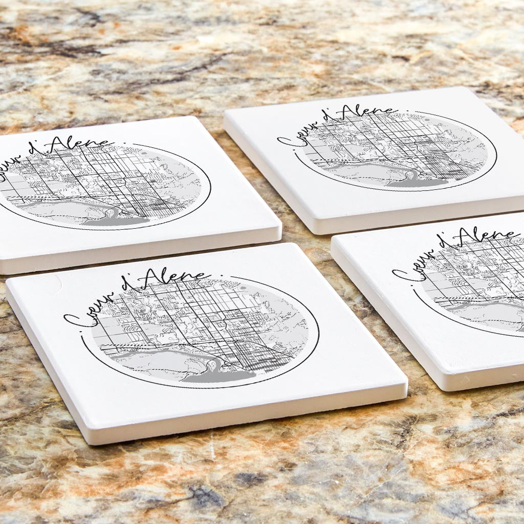 Minimalist B&W Idaho Coeur Dalene Circle Map | Absorbent Coasters | Set of 4 | Min 2