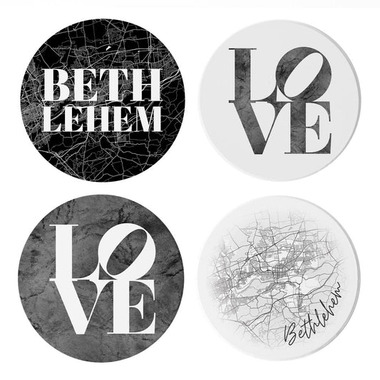 Minimalistic B&W Pennsylvania Bethlehem Maps Love | Absorbent Coasters | Set of 4 | Min 2