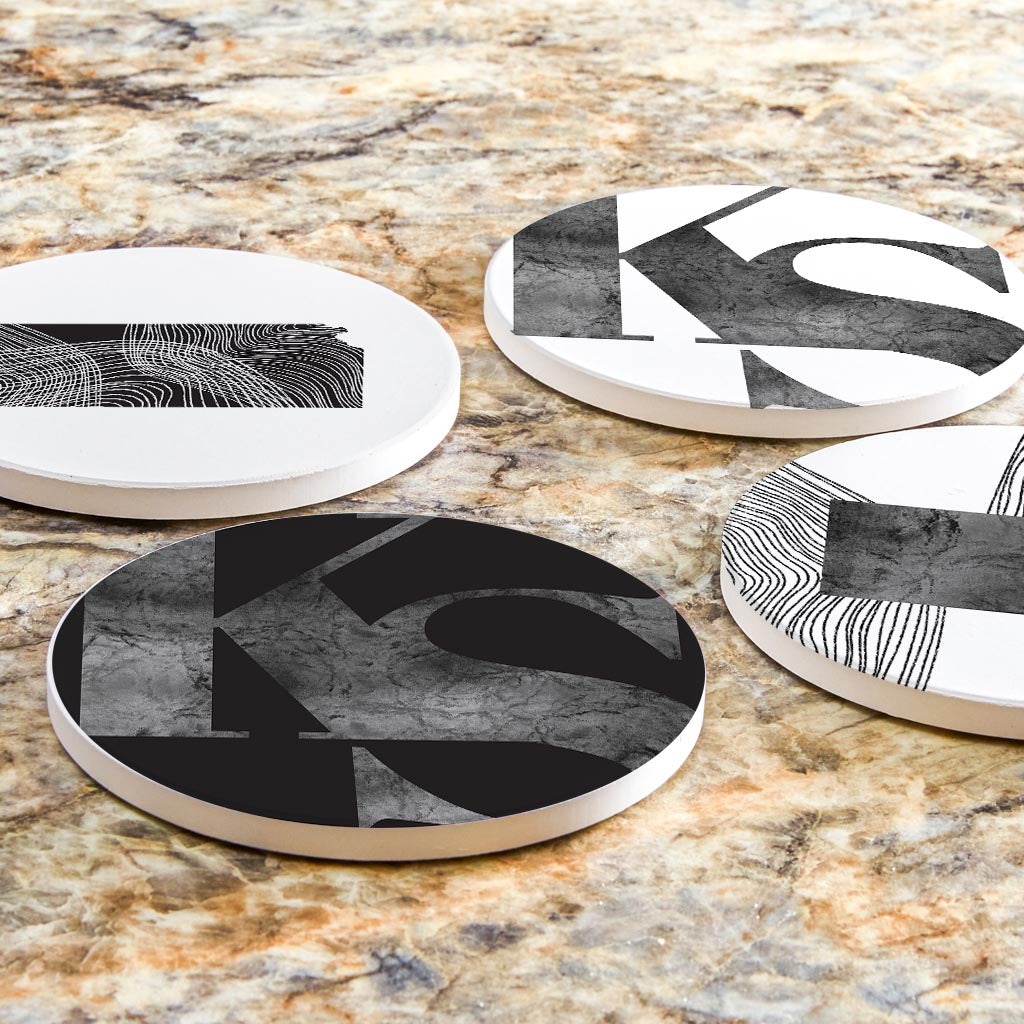 Minimalist B&W Kansas Initials State Shapes | Absorbent Coasters | Set of 4 | Min 2