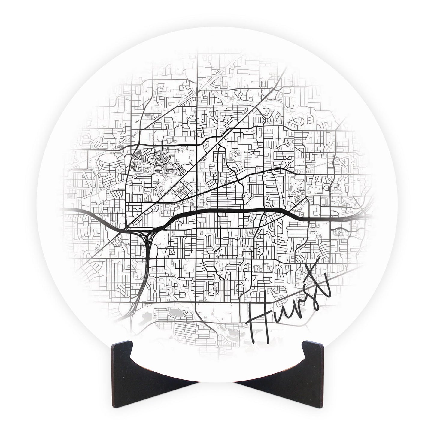 Minimalistic B&W Texas Hurst Circle Map | Wood Sign | Eaches | Min 1