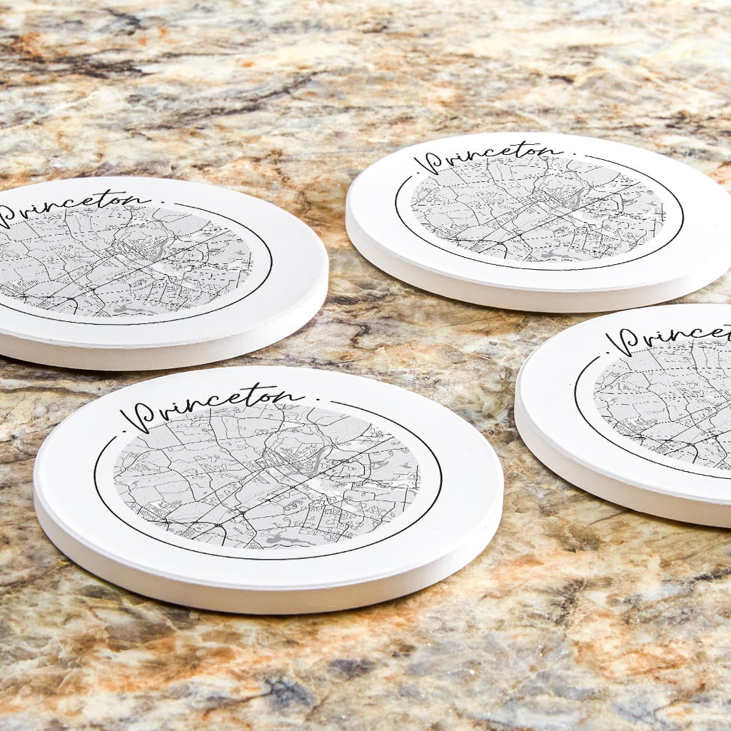 Minimalistic B&W New Jersey Princeton Circle Map | Absorbent Coasters | Set of 4 | Min 2