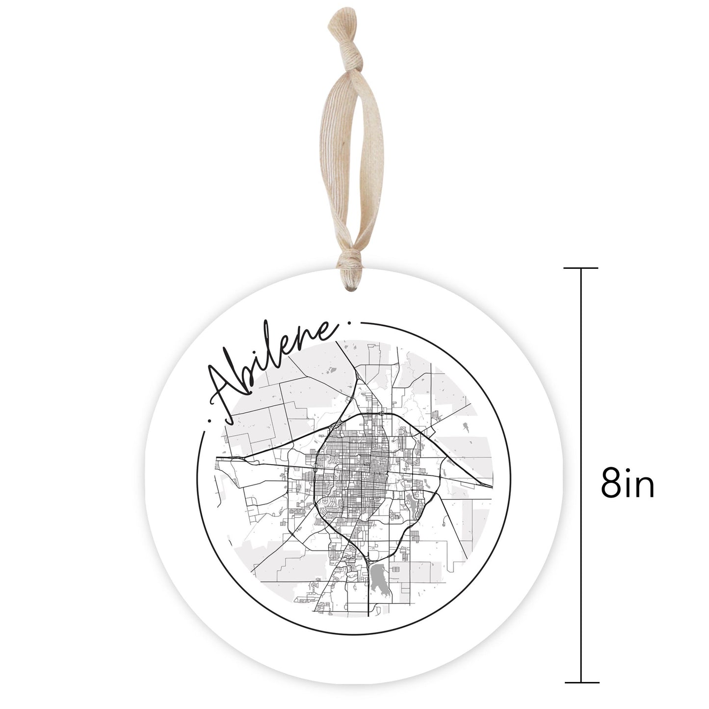 Minimalist B&W Texas Abilene Circle Map | Wood Ornament | Eaches | Min 1