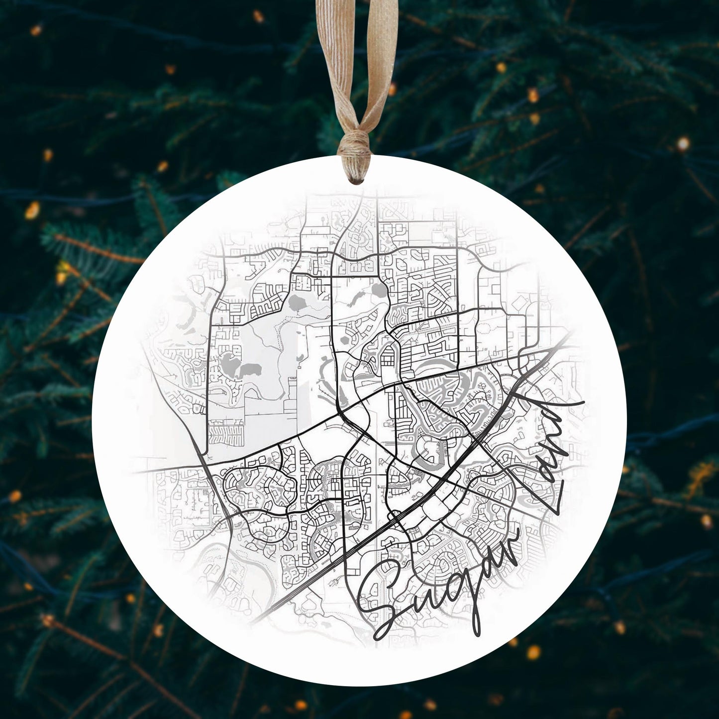 Minimalistic B&W Texas Sugarland Circle Map | Wood Ornament | Eaches | Min 1