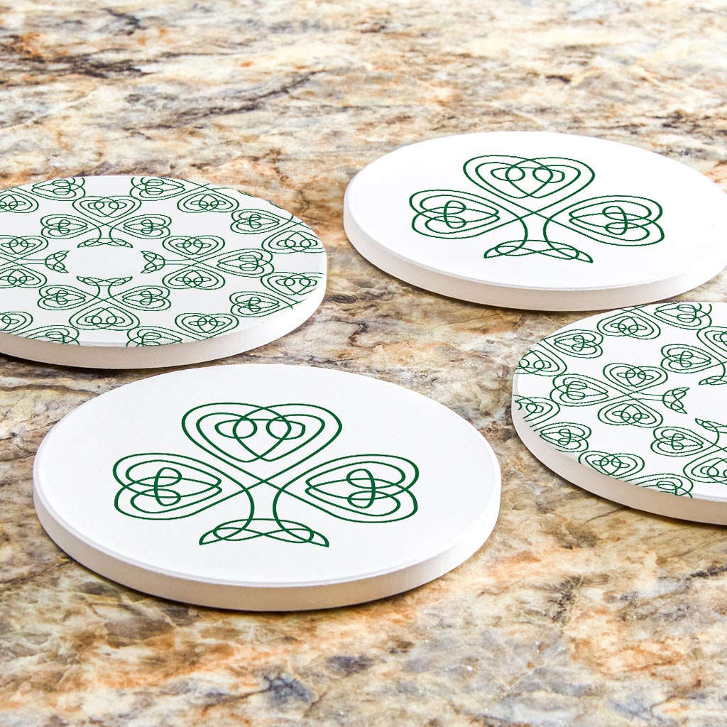 White Green Shamrock Pattern Shape | Absorbent Coasters | Set of 4 | Min 2