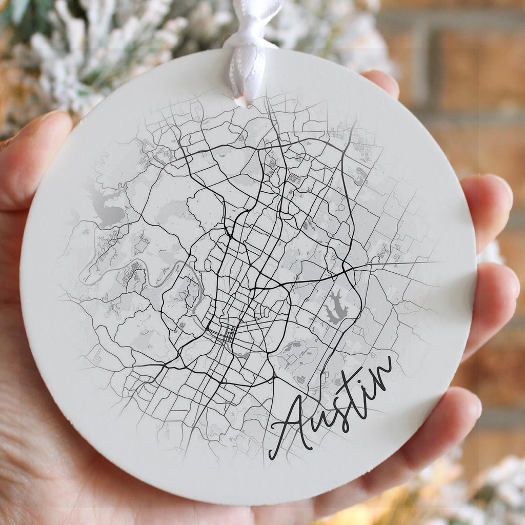 Minimalistic B&W Texas Austin Circle Map | Wood Ornament | Eaches | Min 6