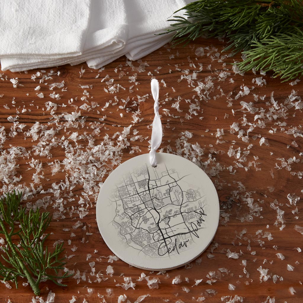 Minimalistic B&W Texas Cedar Park Circle Map | Wood Ornament | Eaches | Min 6