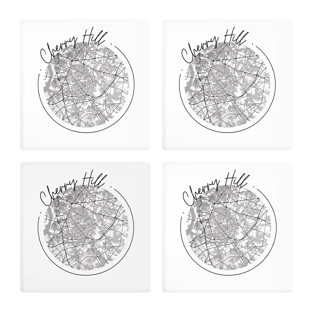 Minimalistic B&W New Jersey Cherry Hill Circle Map | Absorbent Coasters | Set of 4 | Min 2