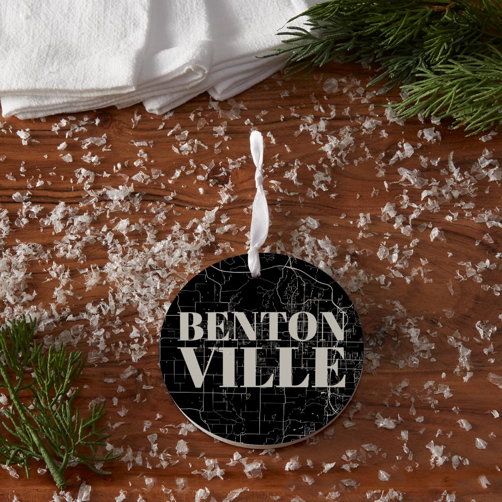 Minimalist B&W Arkansas Bentonville Map | Wood Ornament | Eaches | Min 6