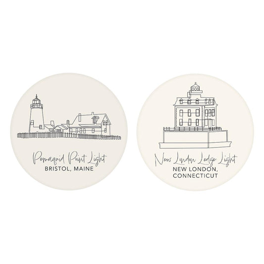 New England Lighthouses Cream Colored | Absorbent Car Coasters | Set of 2 | Min 4