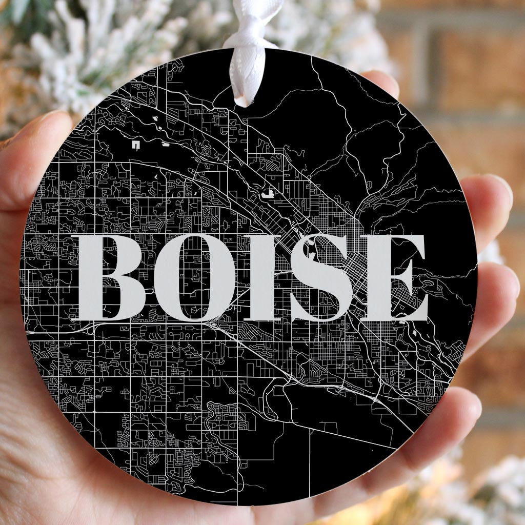 Minimalist B&W Idaho Boise Map | Wood Ornament | Eaches | Min 6