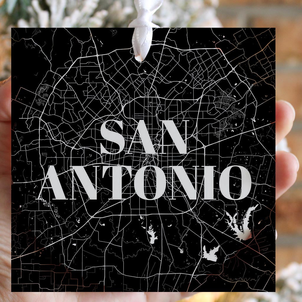 Minimalistic B&W Texas San Antonio Map | Wood Ornament | Eaches | Min 6