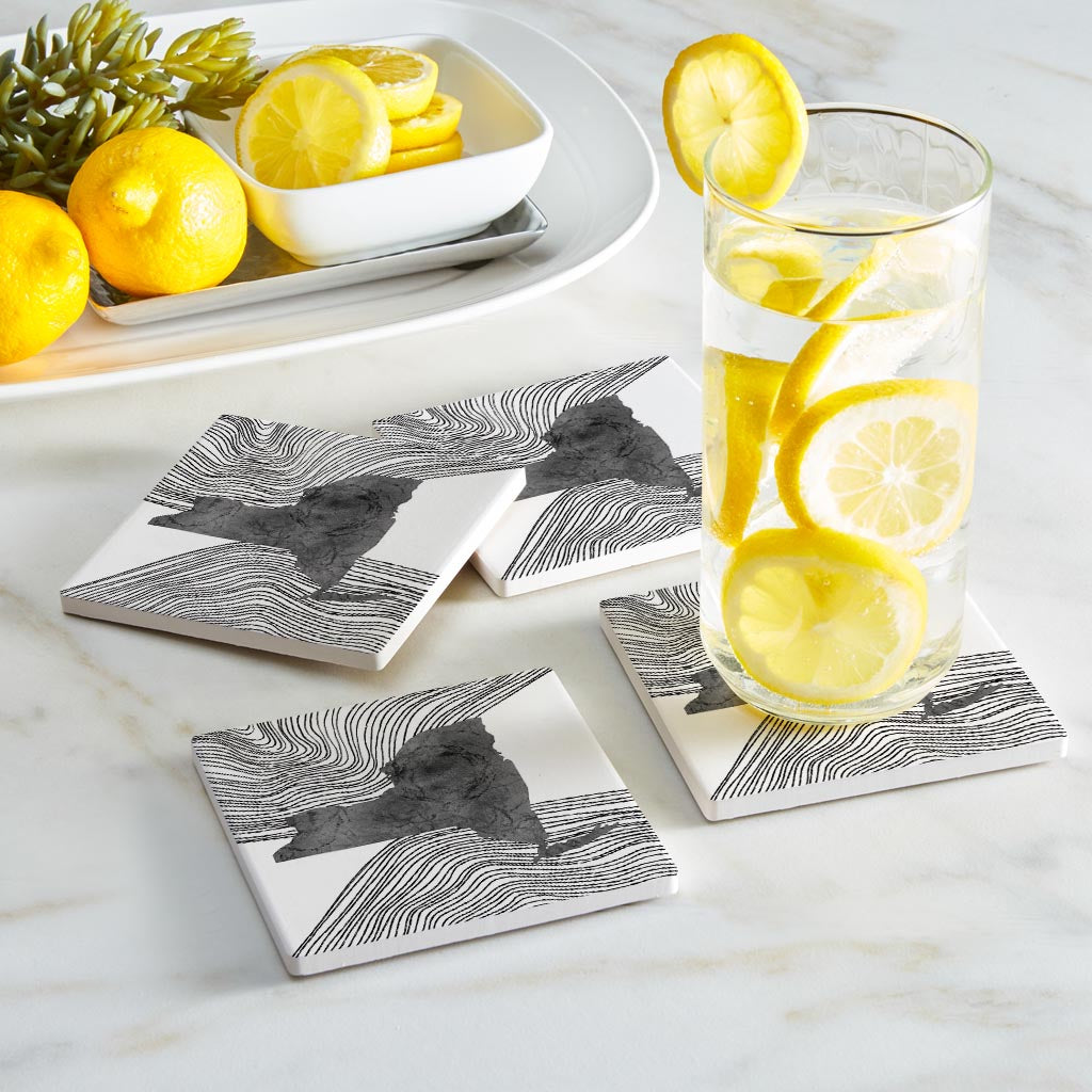 Minimalistic B&W New York State With Fluid Lines | Absorbent Coasters | Set of 4 | Min 2