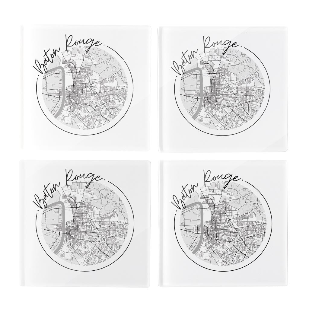 Minimalist B&W Louisiana Baton Rouge Circle Map | Hi-Def Glass Coasters | Set of 4 | Min 2