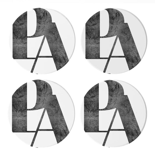 Minimalistic B&W Pennsylvania White Initials | Absorbent Coasters | Set of 4 | Min 2